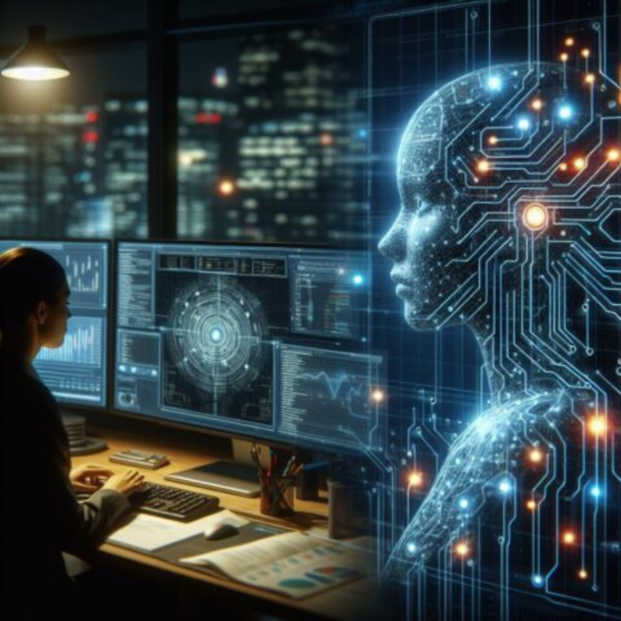 A professional using AI tools on a laptop, surrounded by digital data visuals symbolizing collaboration between human intelligence and artificial intelligence.