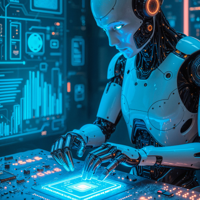 AI system interacting with digital advertising dashboards and data streams.